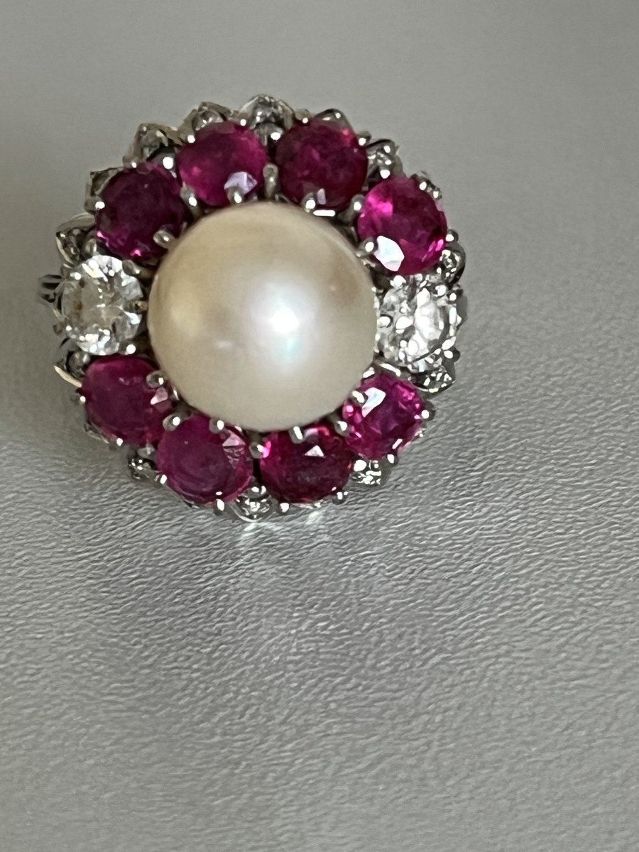 5480- White Gold Pearl Ruby Diamond Ring-photo-4