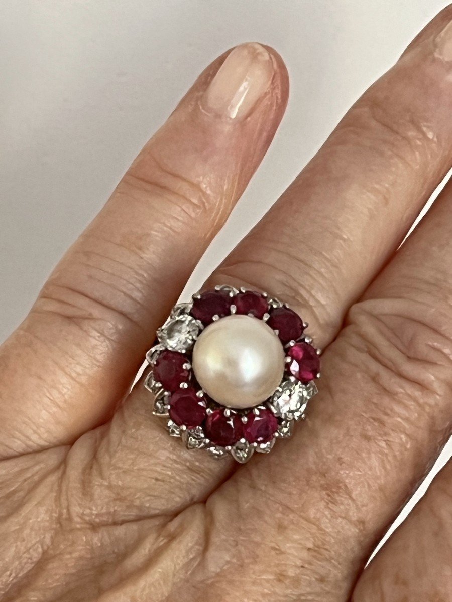 5480- White Gold Pearl Ruby Diamond Ring-photo-1
