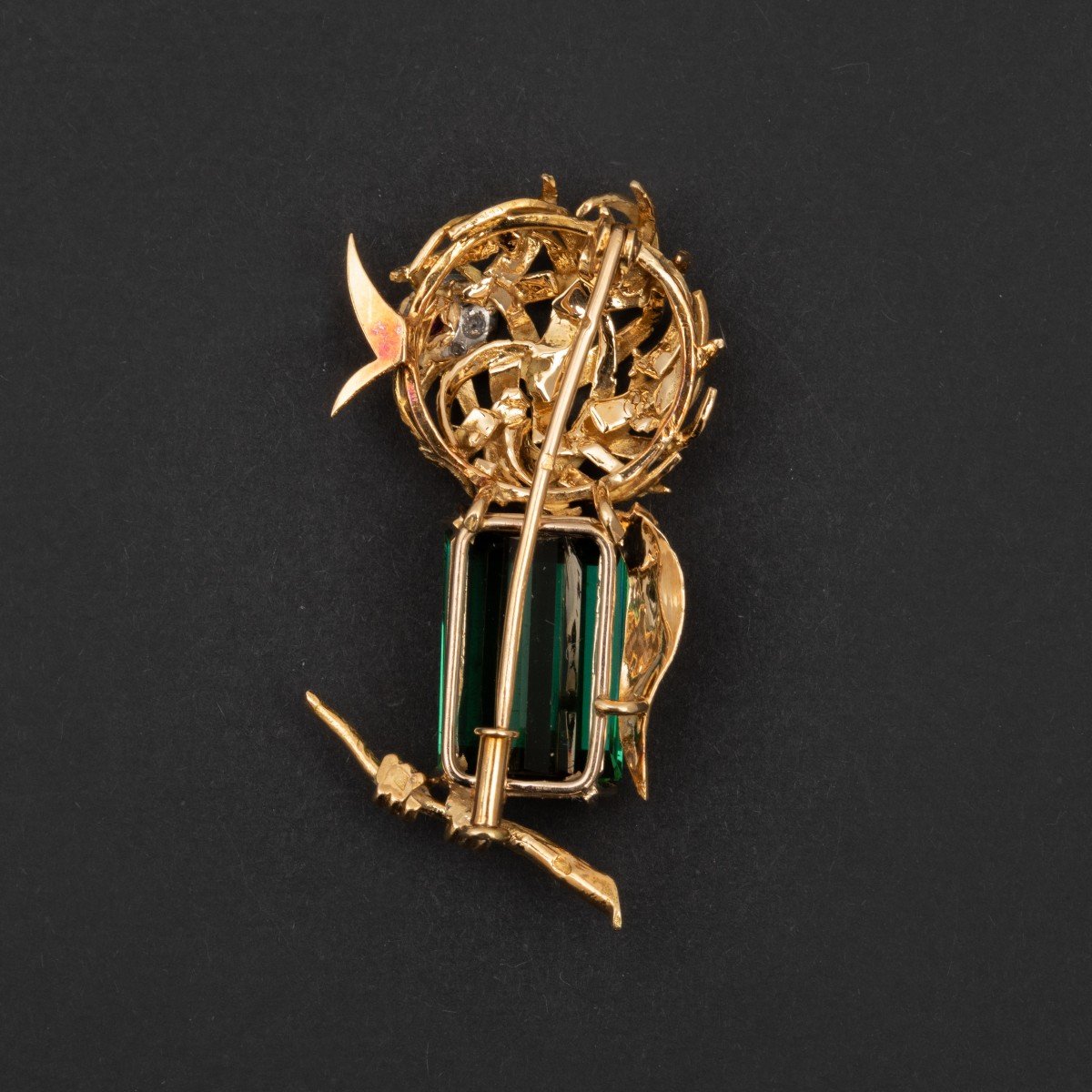 5492- Yellow Gold Bird Brooch Tourmaline Diamonds Ruby-photo-4