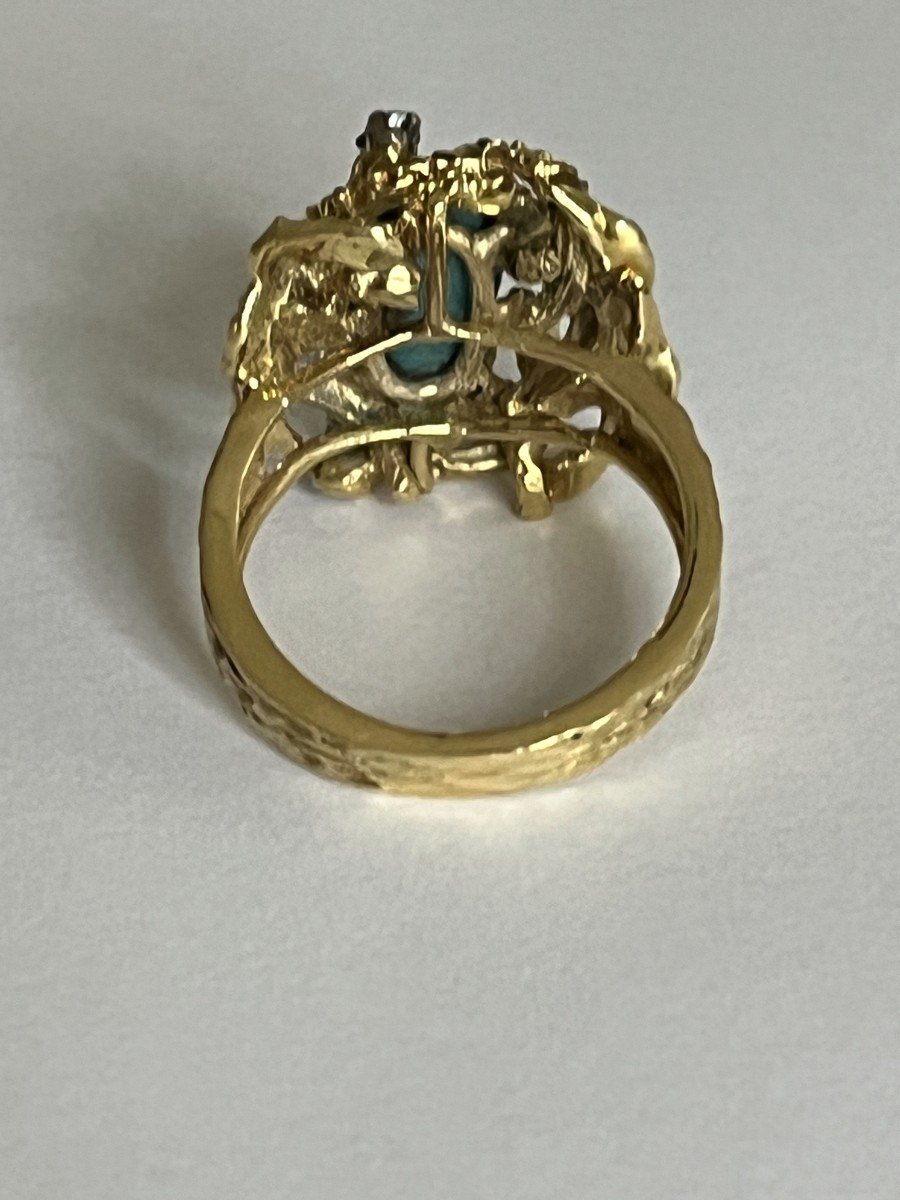 5533- Yellow Gold Hammered Turquoise Diamond Cocktail Ring-photo-3