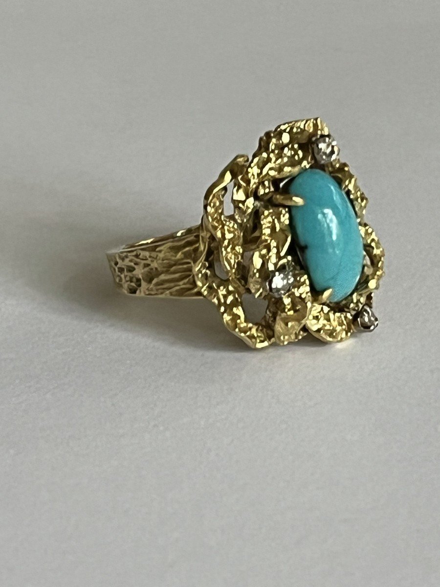 5533- Yellow Gold Hammered Turquoise Diamond Cocktail Ring-photo-4