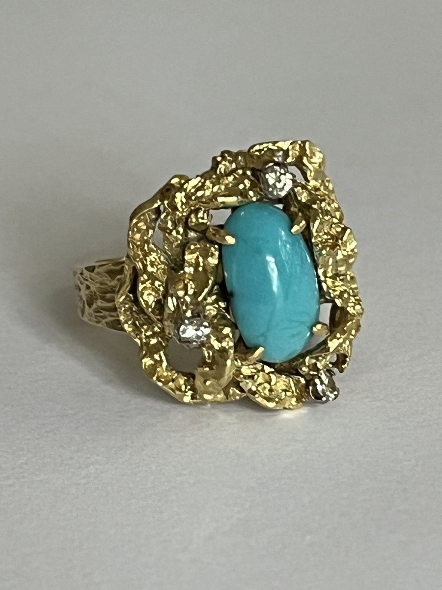 5533- Yellow Gold Hammered Turquoise Diamond Cocktail Ring-photo-1