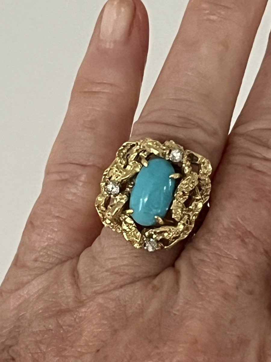 5533- Yellow Gold Hammered Turquoise Diamond Cocktail Ring-photo-2