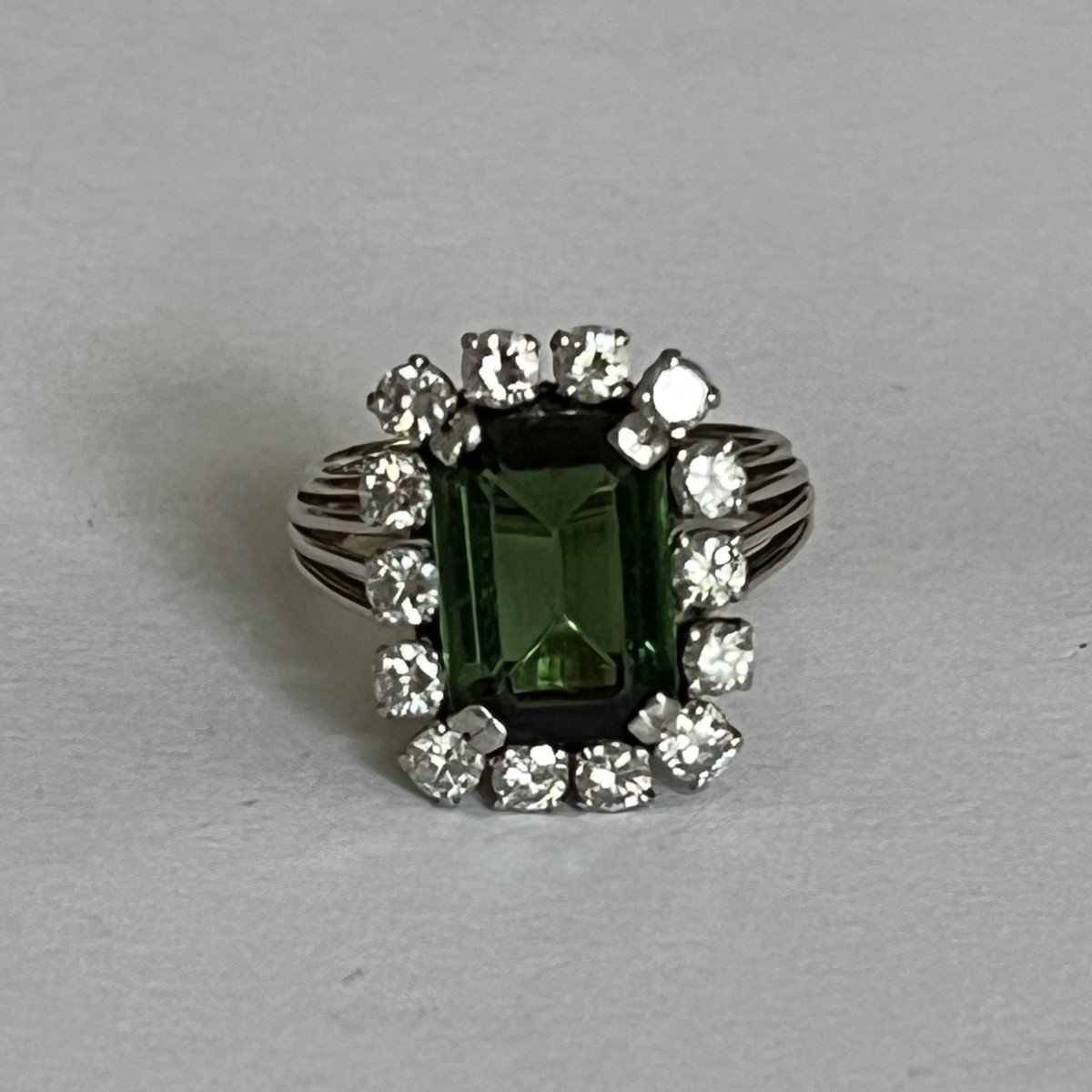 4438- Marguerite Ring White Gold Platinum Tourmaline Diamonds