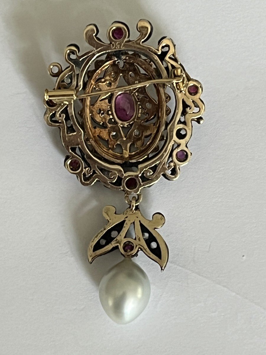 5549- Old Brooch Gold Silver Ruby Diamonds Baroque Pearl-photo-2