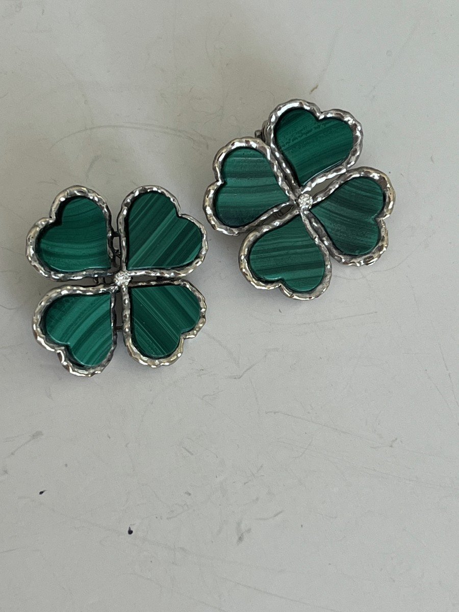 5453- Clover Ear Clips White Gold Malachite Diamonds-photo-3