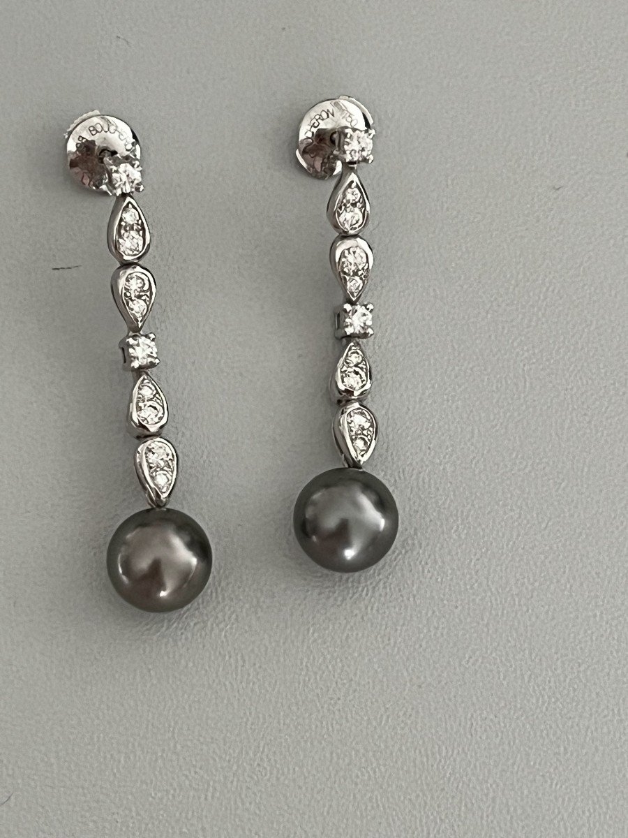 P1125- Boucles d'Oreilles Boucheron Or Gris Perles De Tahiti Diamants-photo-1