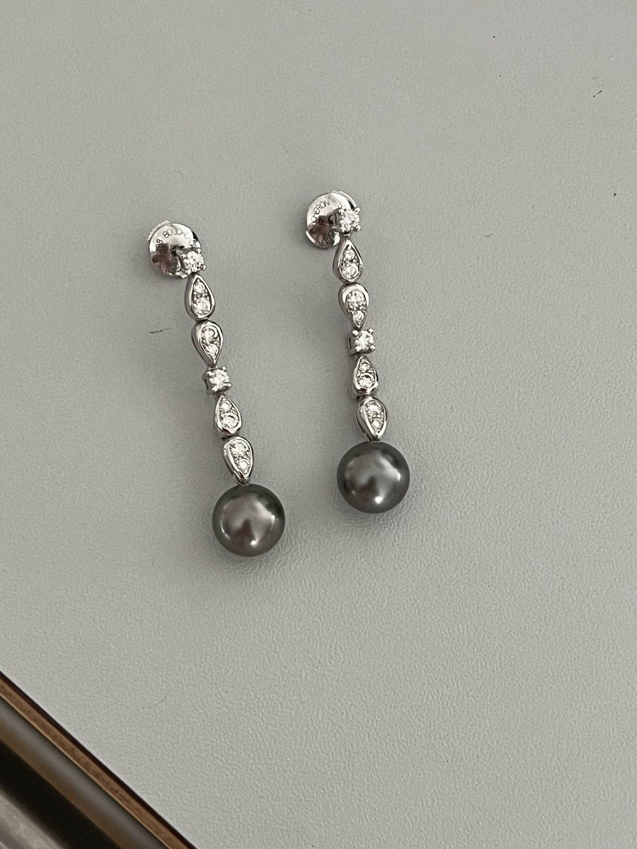 P1125- Boucles d'Oreilles Boucheron Or Gris Perles De Tahiti Diamants-photo-2