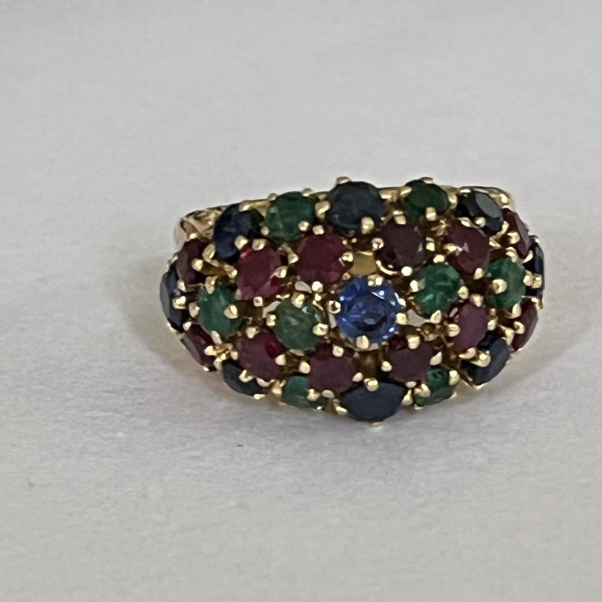 5701- Yellow Gold Ruby Sapphires Emeralds Ball Ring