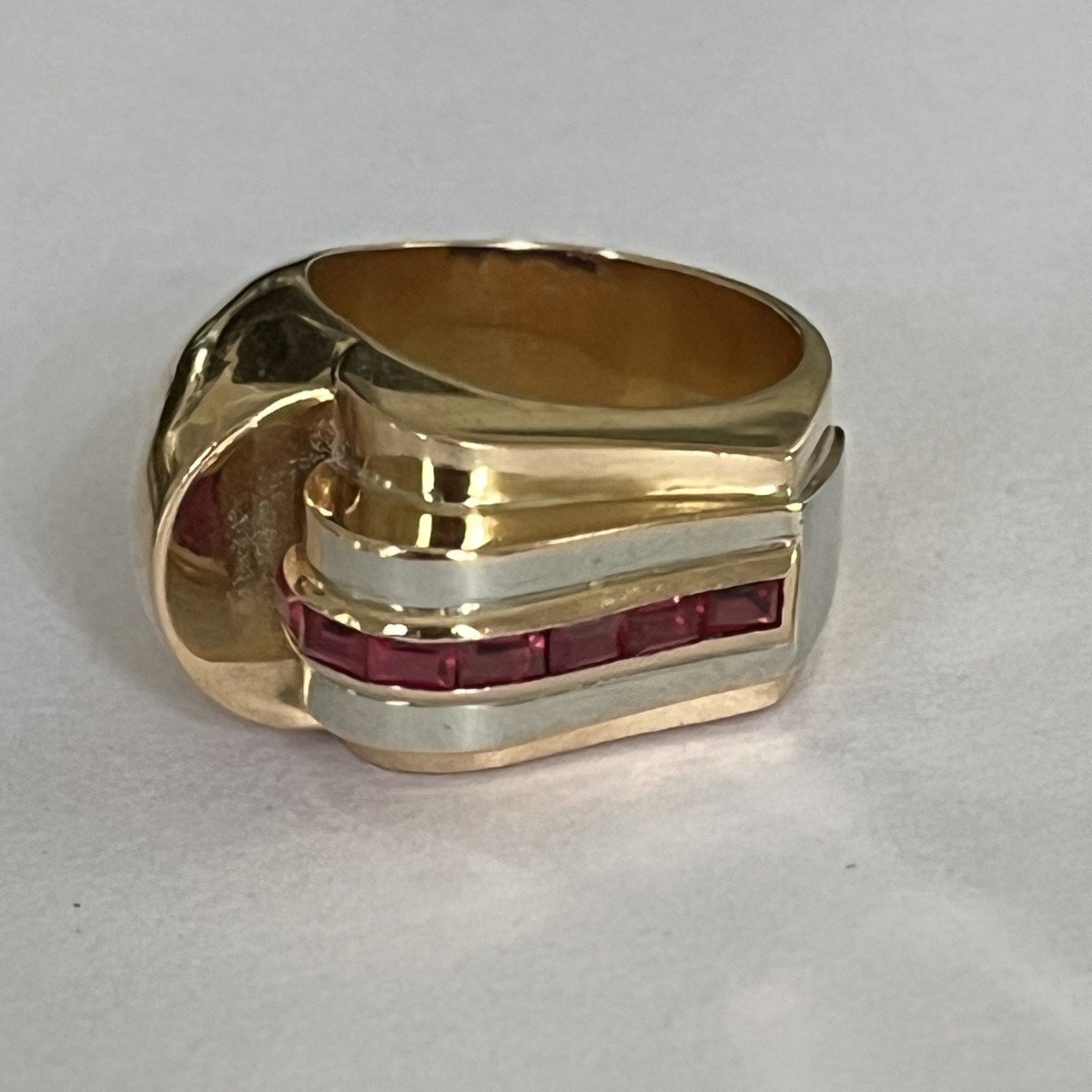 5718- Yellow Gold And Ruby Gray Tank Ring