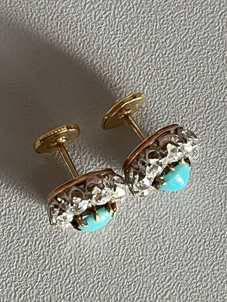 1358- Yellow Gold Platinum Turquoise Diamond Earrings-photo-2