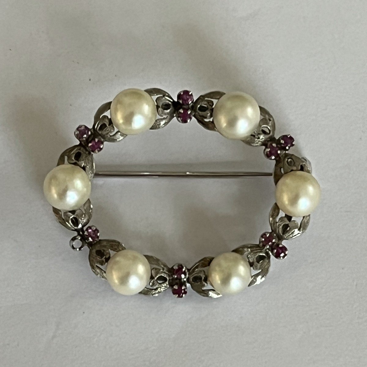 5755- Old Oval Ruby Pearl Brooch