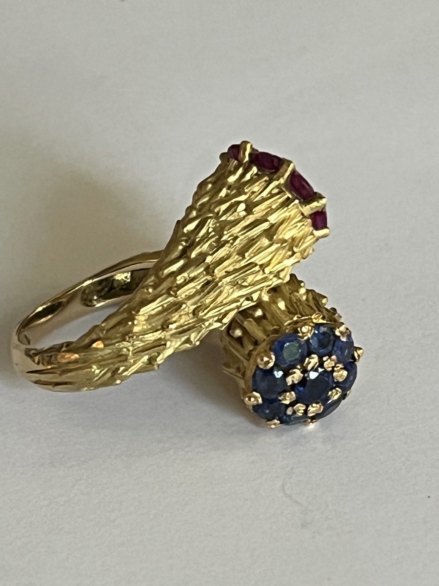 5821- Toi & Moi Ring Yellow Gold Chiseled Blue Sapphires And Pink Sapphires-photo-3