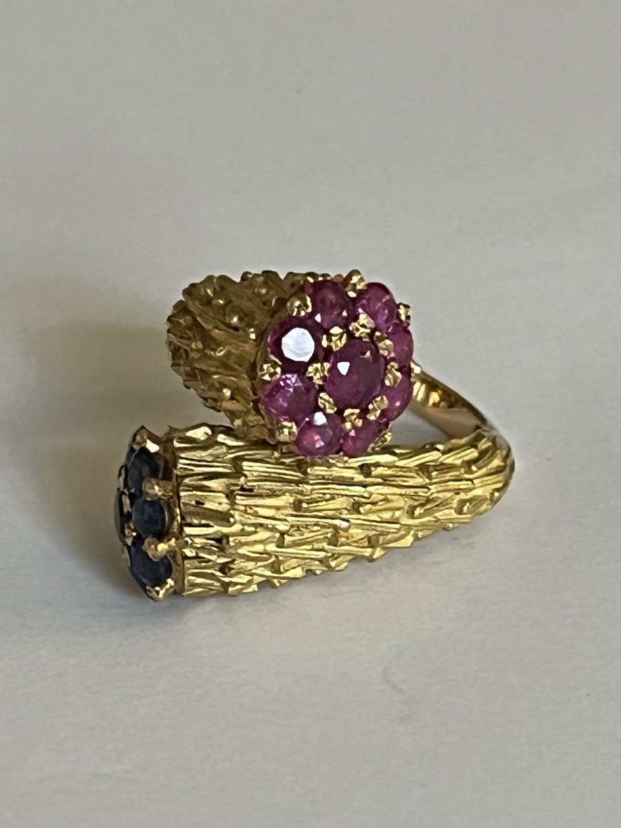5821- Toi & Moi Ring Yellow Gold Chiseled Blue Sapphires And Pink Sapphires-photo-4