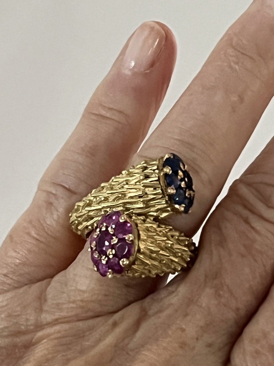 5821- Toi & Moi Ring Yellow Gold Chiseled Blue Sapphires And Pink Sapphires-photo-2