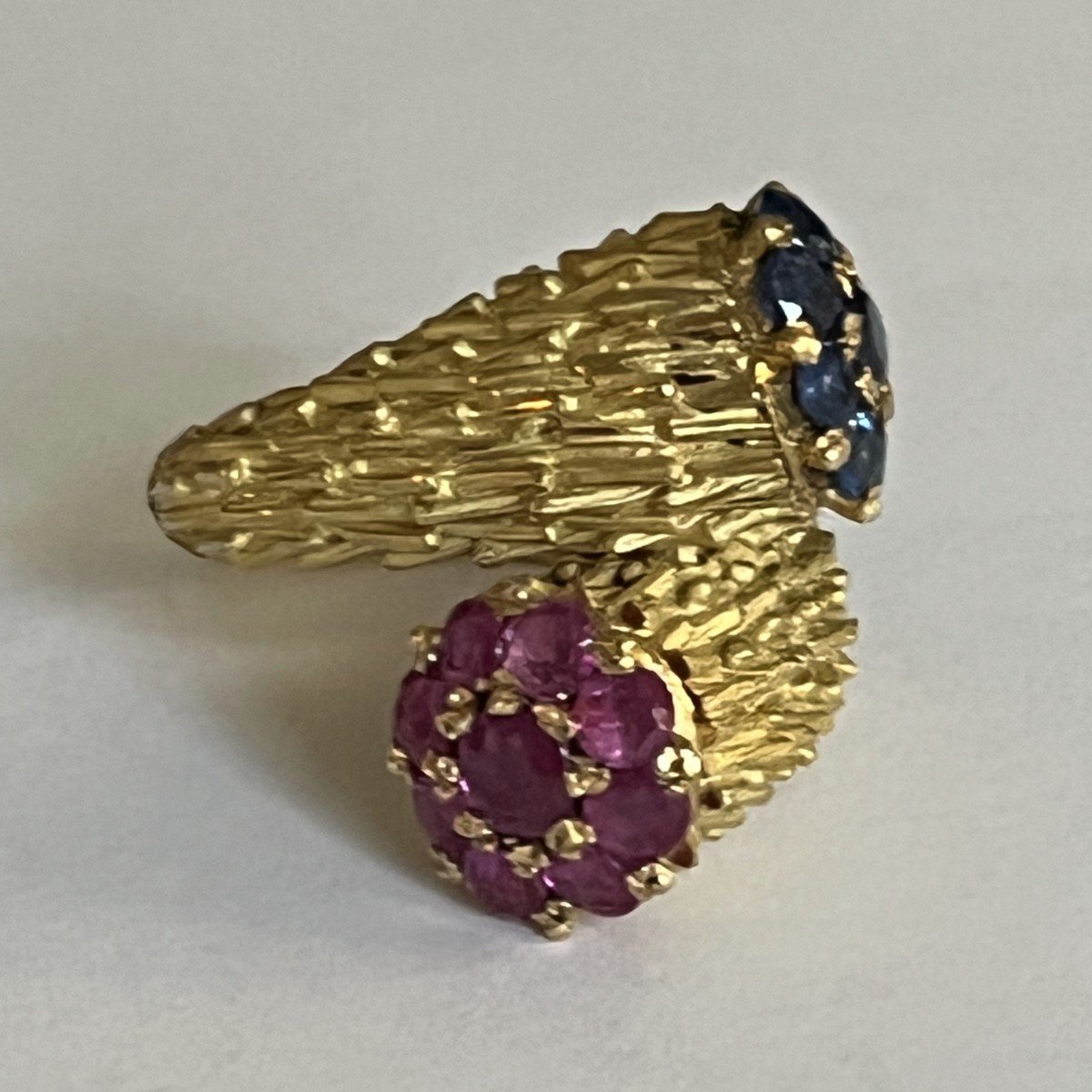 5821- Toi & Moi Ring Yellow Gold Chiseled Blue Sapphires And Pink Sapphires