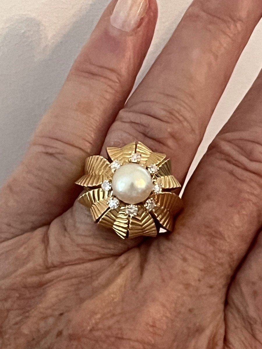 5664- Yellow Gold Pearl Diamond Dome Ring-photo-2