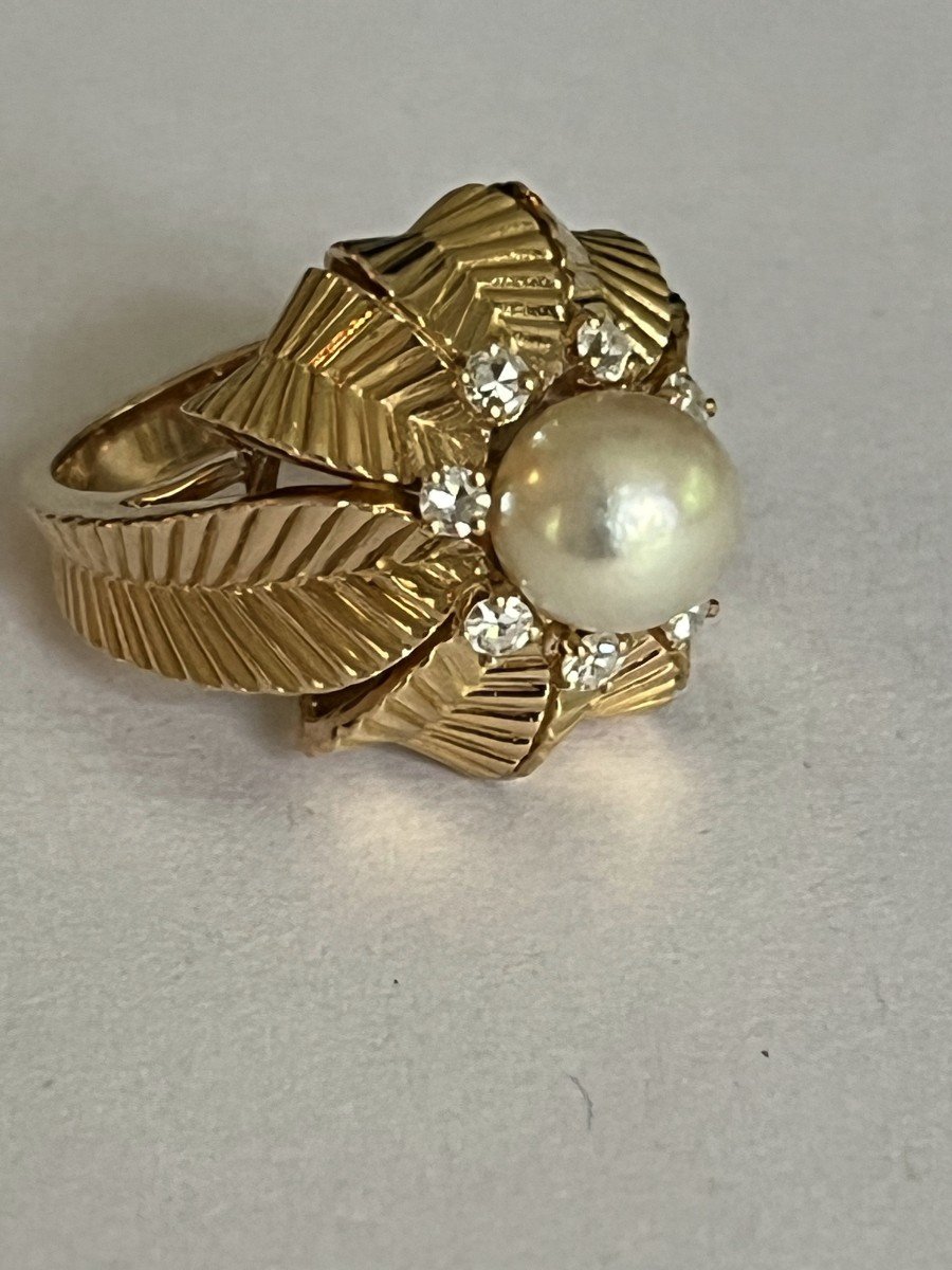 5664- Yellow Gold Pearl Diamond Dome Ring-photo-4