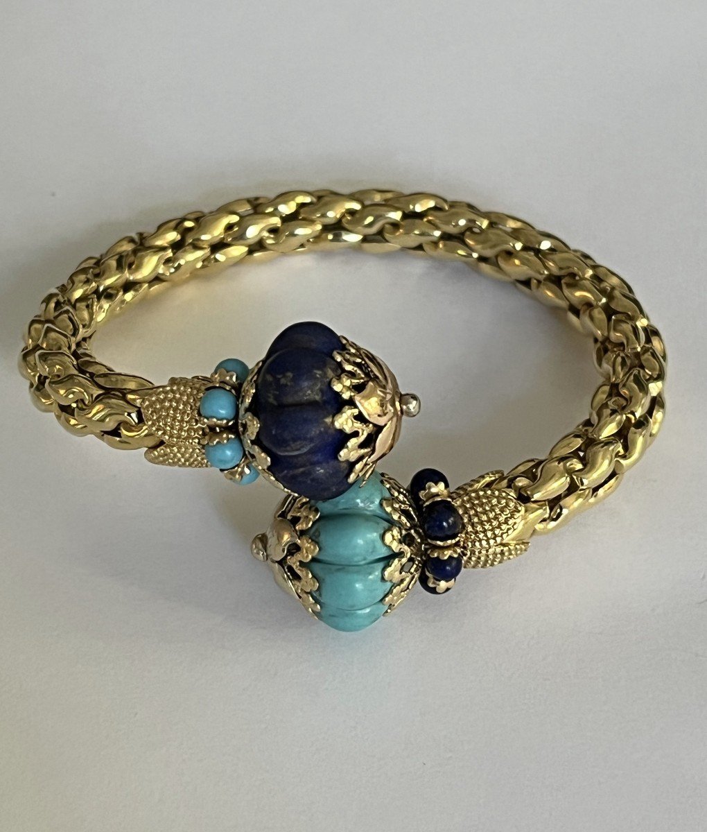 5766- Rigid Bracelet Yellow Gold Turquoise Lapis Lazuli-photo-3