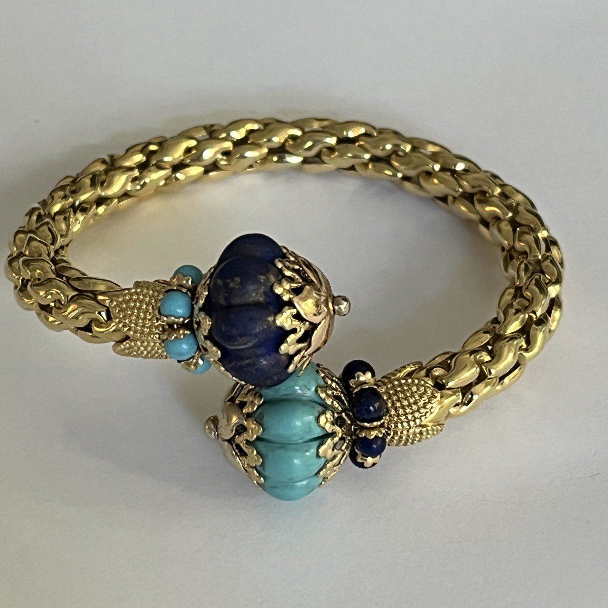 5766- Rigid Bracelet Yellow Gold Turquoise Lapis Lazuli