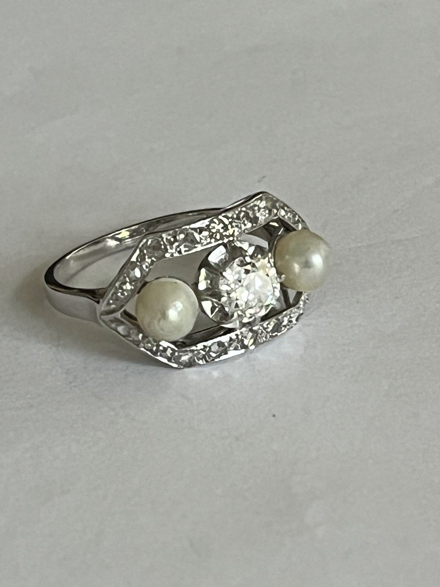 5811- Art Deco Platinum Diamonds Pearl Ring-photo-4