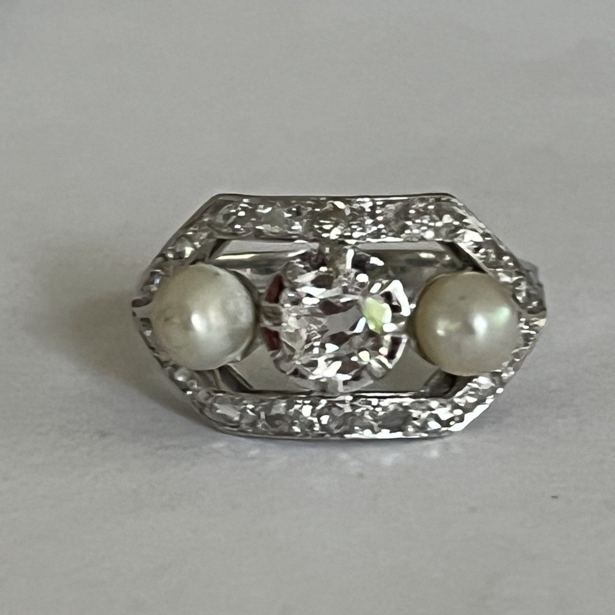 5811- Art Deco Platinum Diamonds Pearl Ring