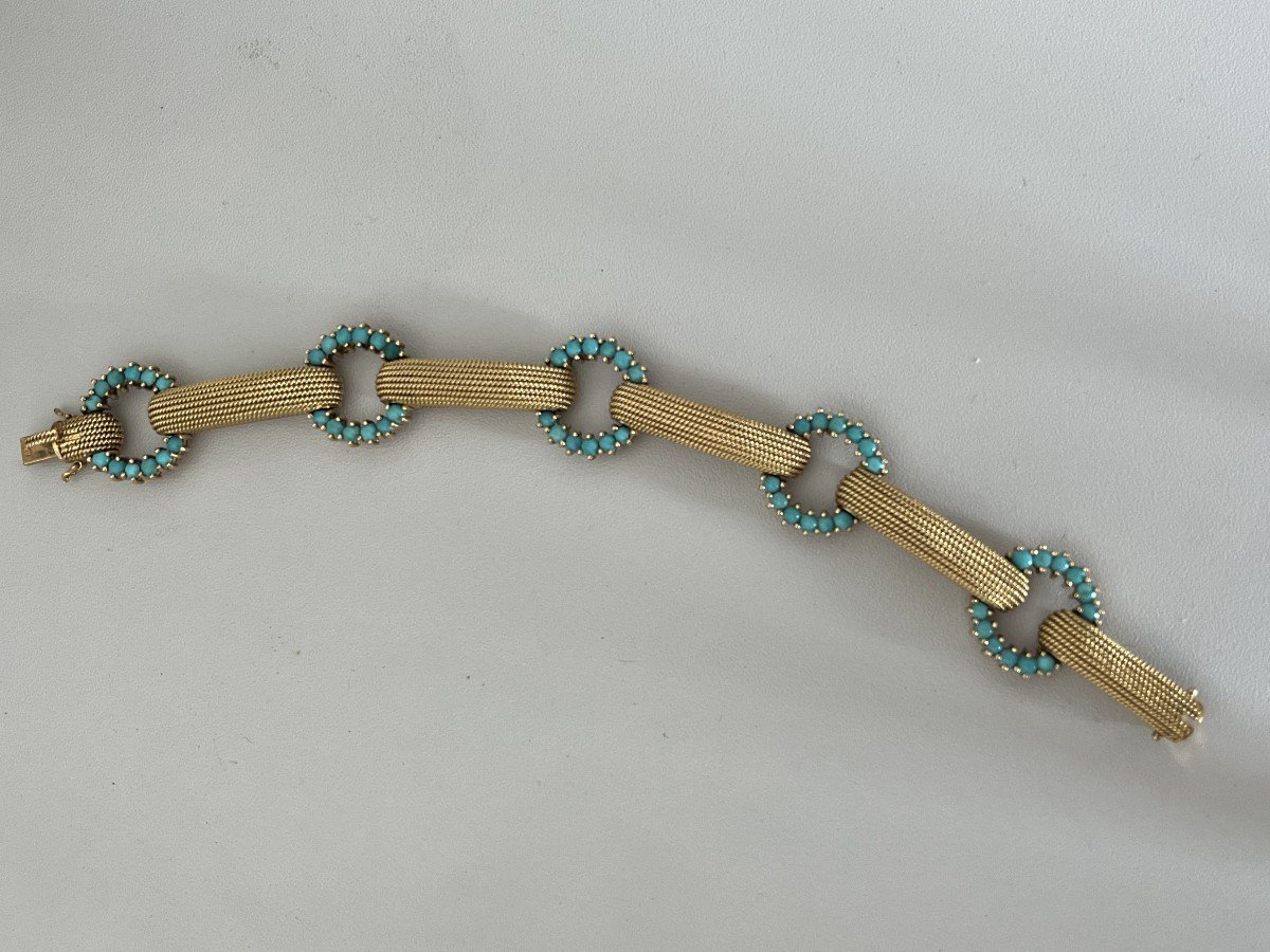 4382- Yellow Gold Turquoise Articulated Bracelet-photo-4