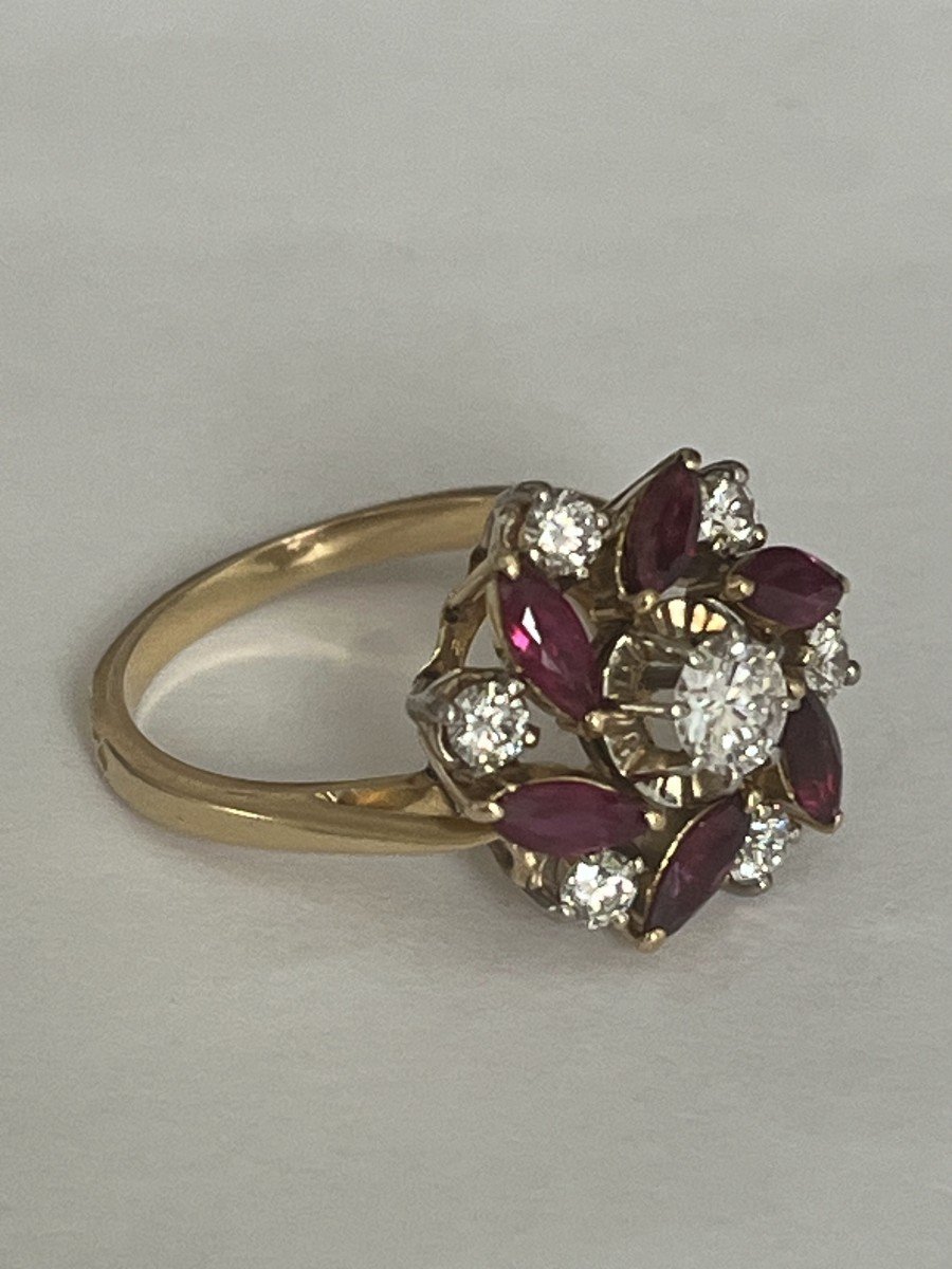 5809- Yellow Gold Flower Ring Diamonds Ruby-photo-3