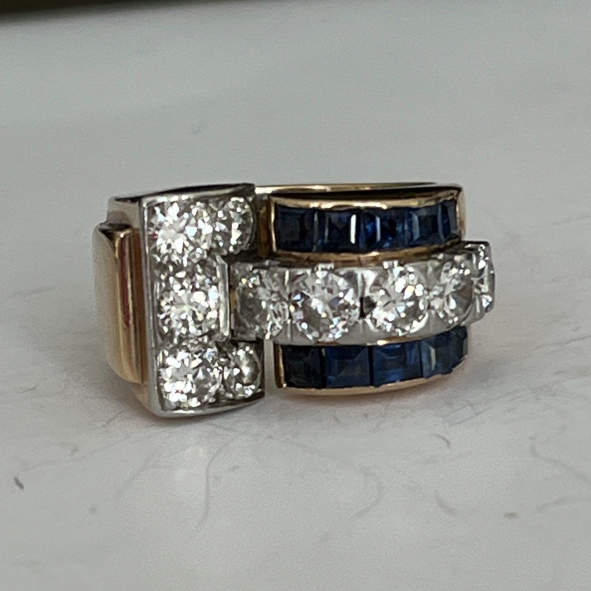 2651- Tank Ring Yellow Gold Diamonds Sapphires