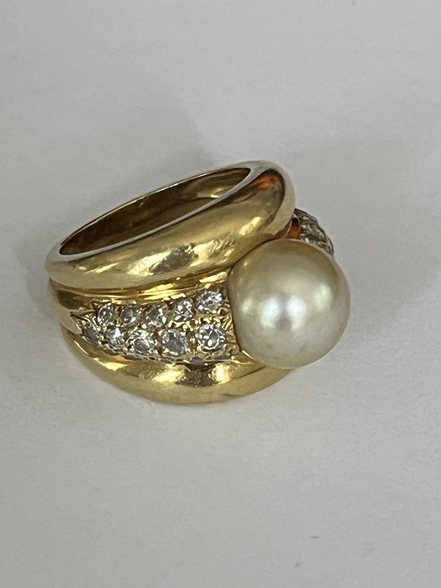 5921- Large Bague Jonc Or Jaune Perle Diamants-photo-1