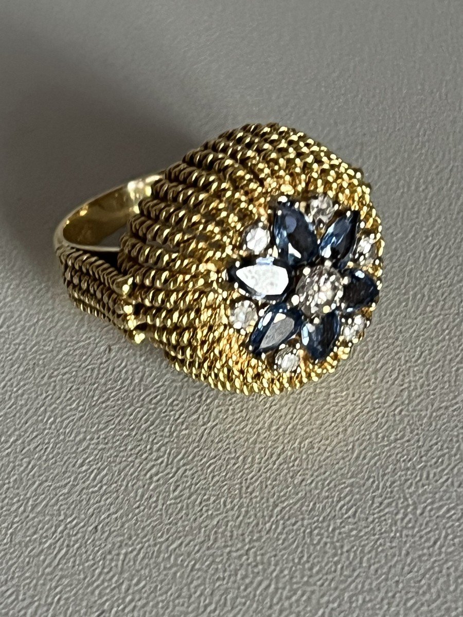 5035- Bague Boule Fils d'Or Jaune Saphirs Diamants-photo-2