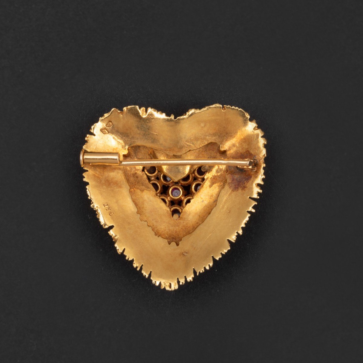 5474- Yellow Gold Ruby Heart Brooch 1970s-photo-3