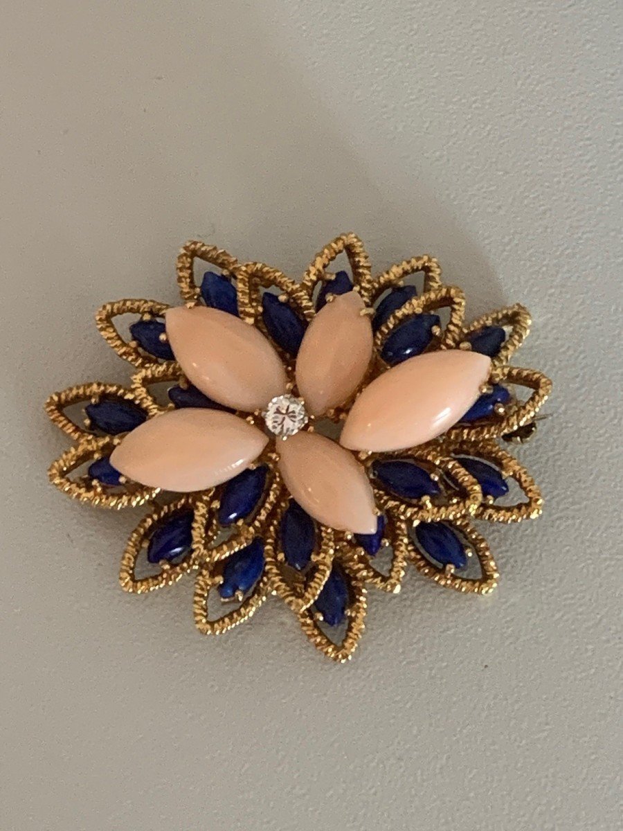 2889- Yellow Gold Brooch Coral Lapis Lazuli Diamonds-photo-2