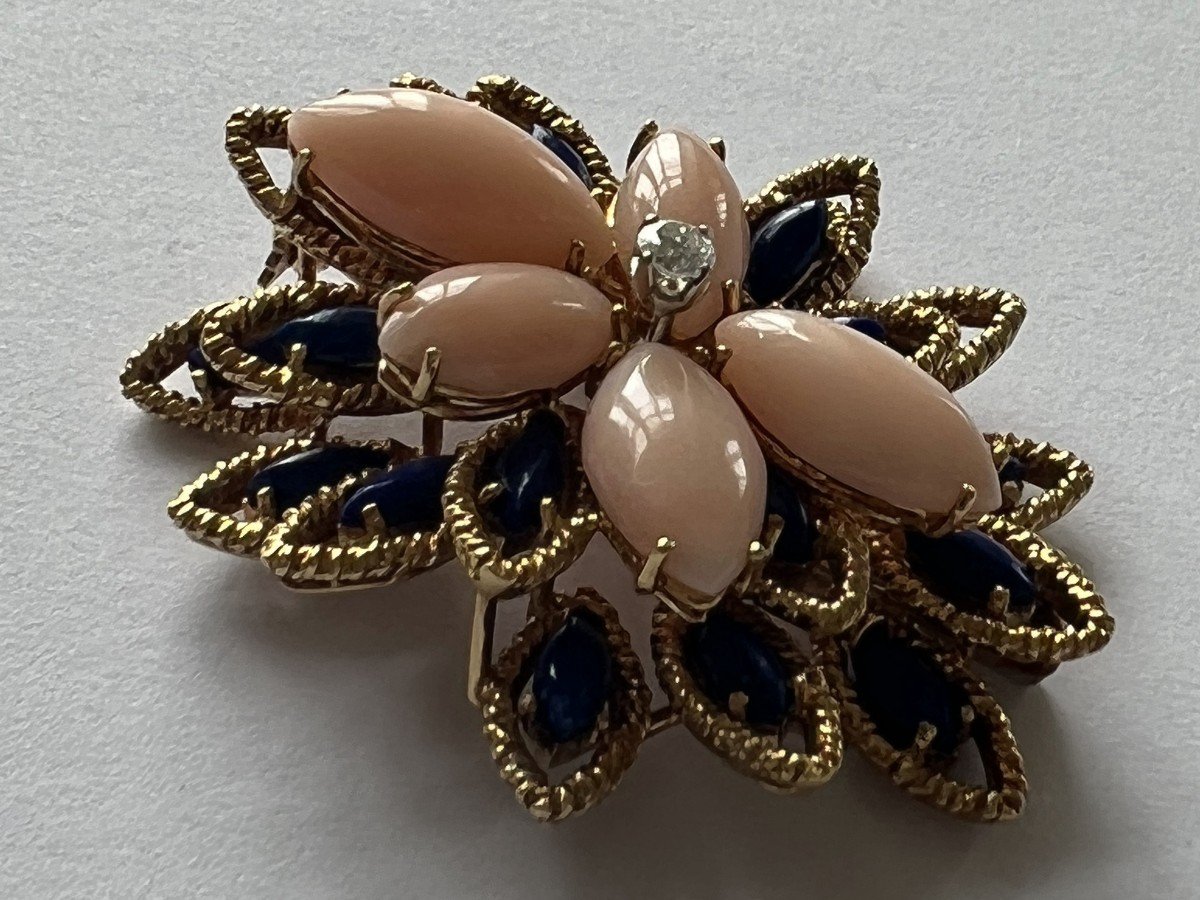 2889- Yellow Gold Brooch Coral Lapis Lazuli Diamonds-photo-8