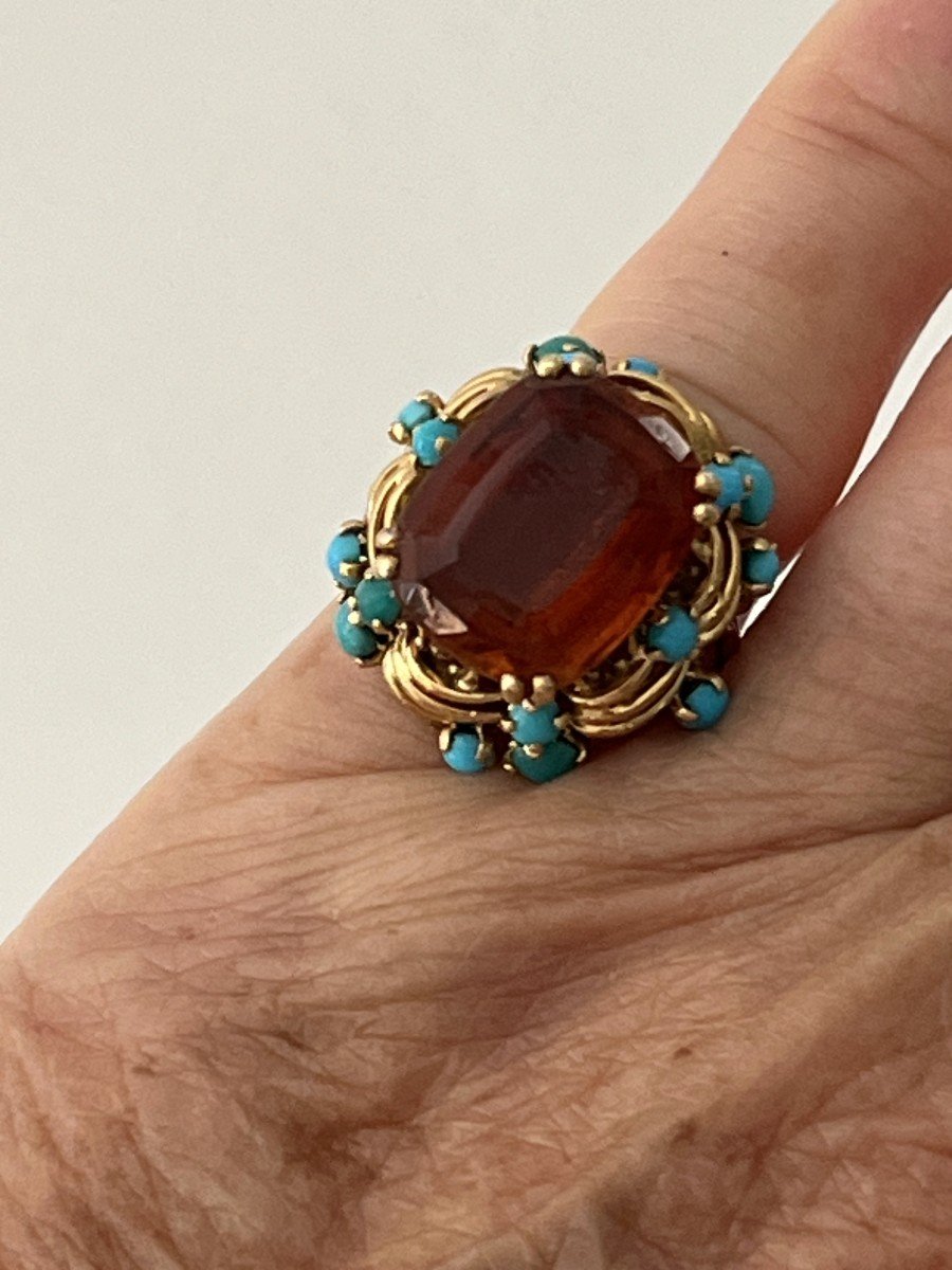 5964- Yellow Gold Citrine Turquoise Ring-photo-2