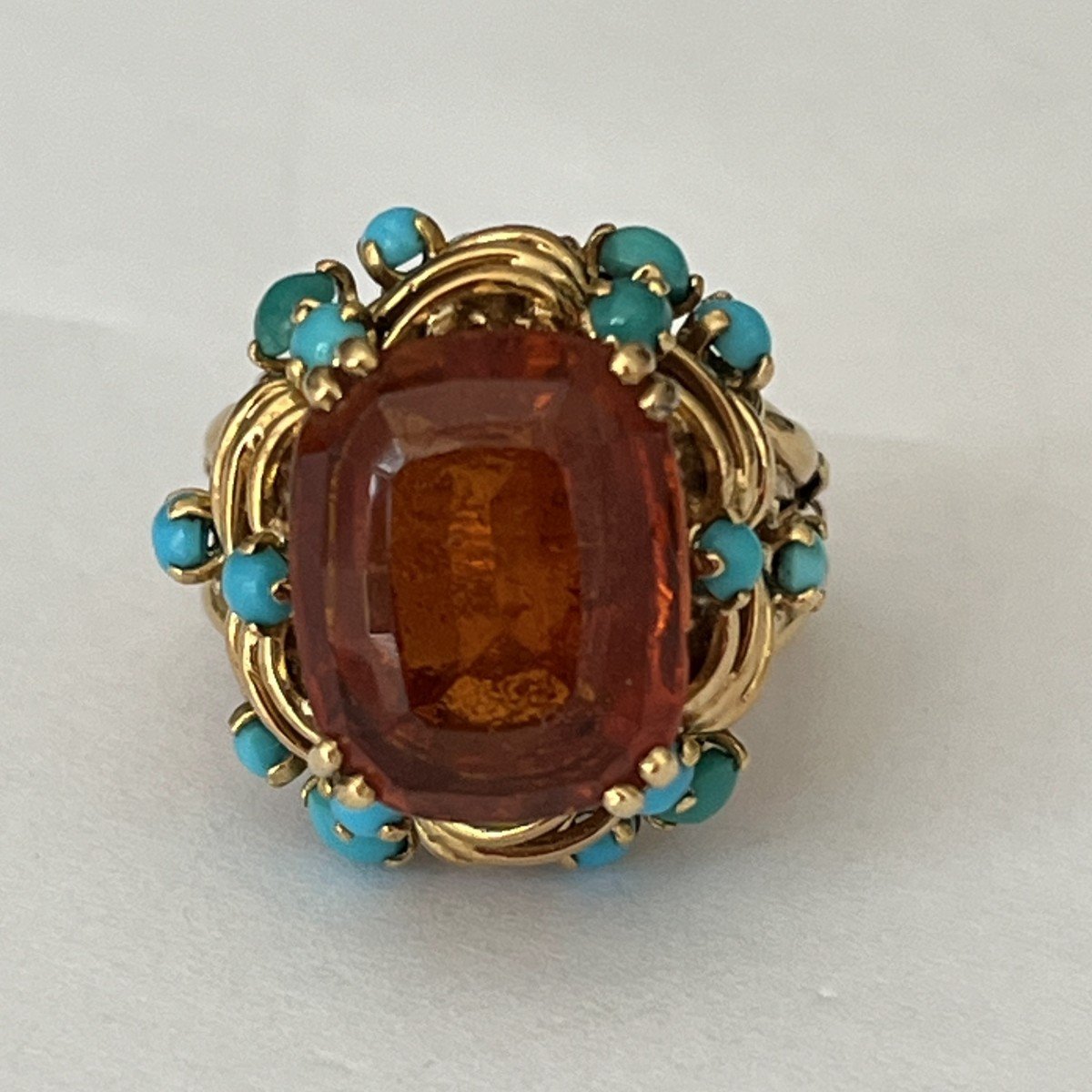 5964- Yellow Gold Citrine Turquoise Ring