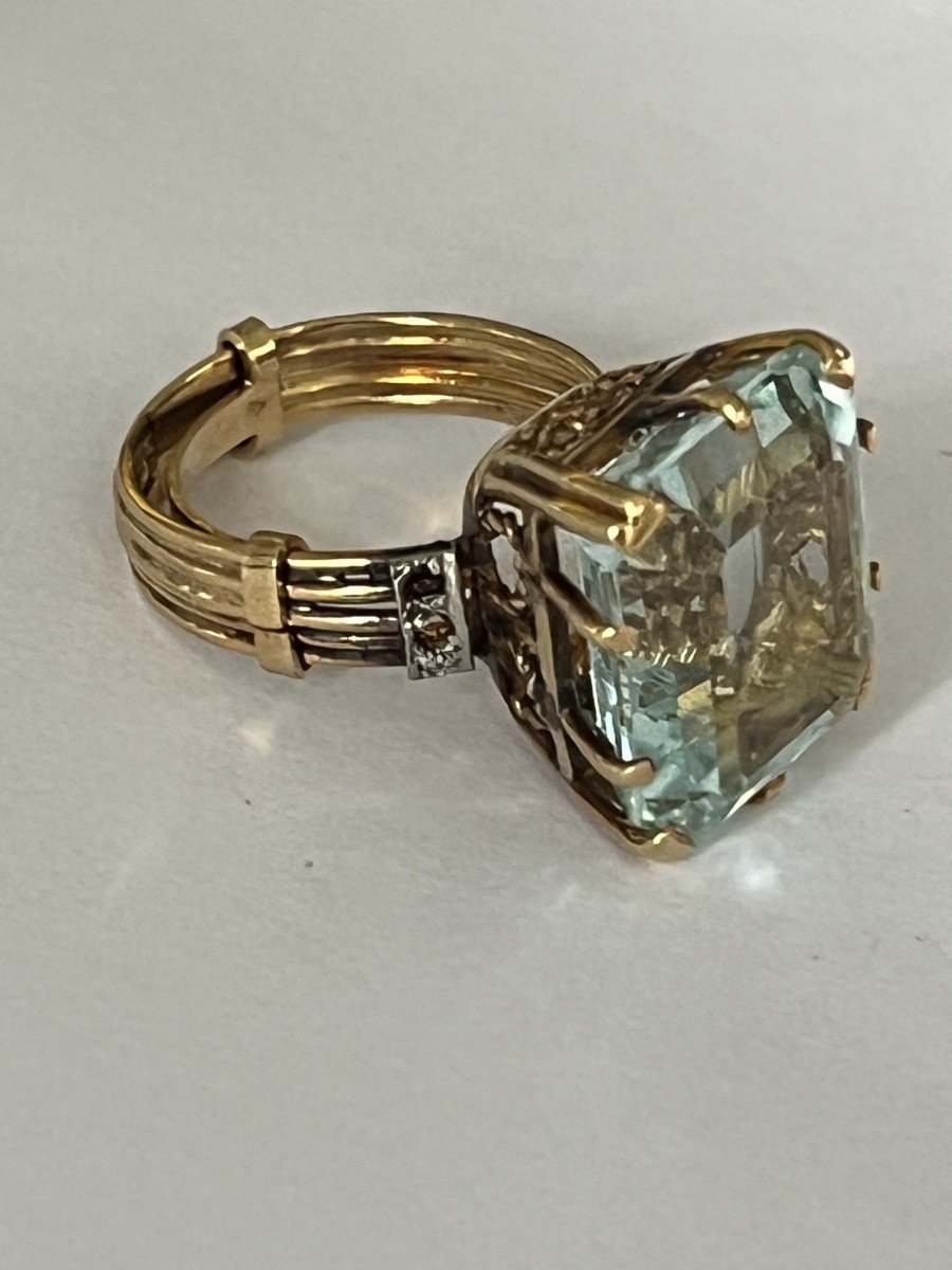 6028- Yellow Gold Wire Ring Aquamarine Diamonds-photo-2