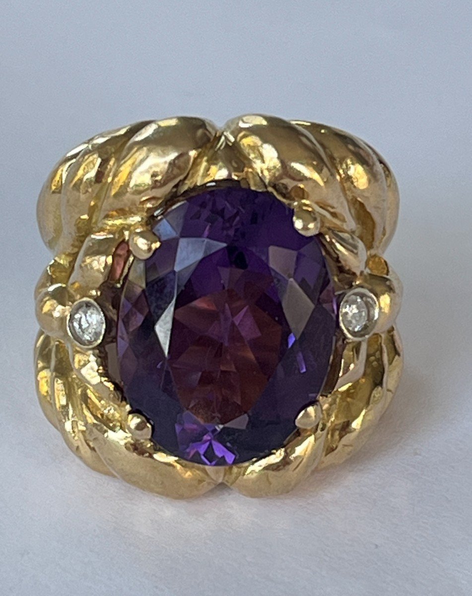 6095- Importante Bague De Créateur Or Jaune Godronné Améthyste 13 Ct Diamants