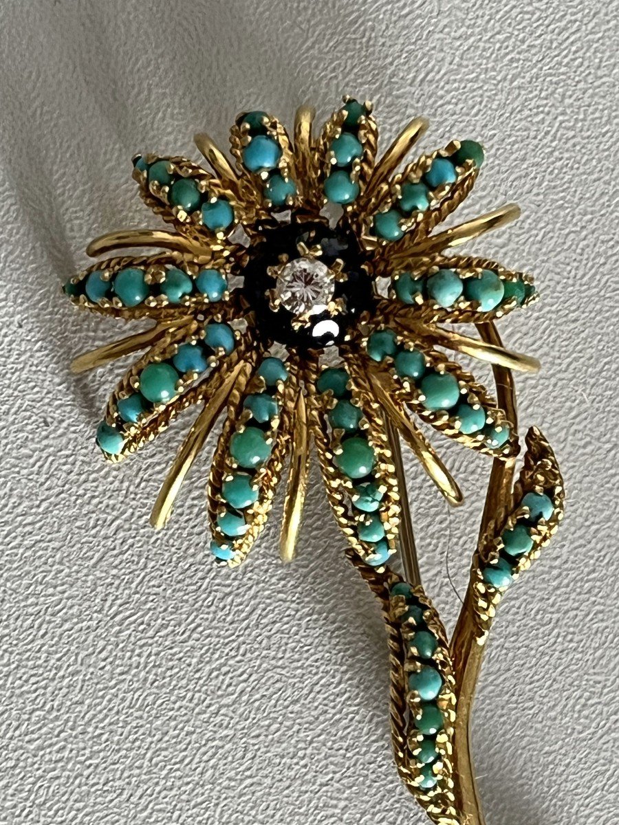 3641- Yellow Gold Flower Brooch Turquoise Sapphires Diamond-photo-3