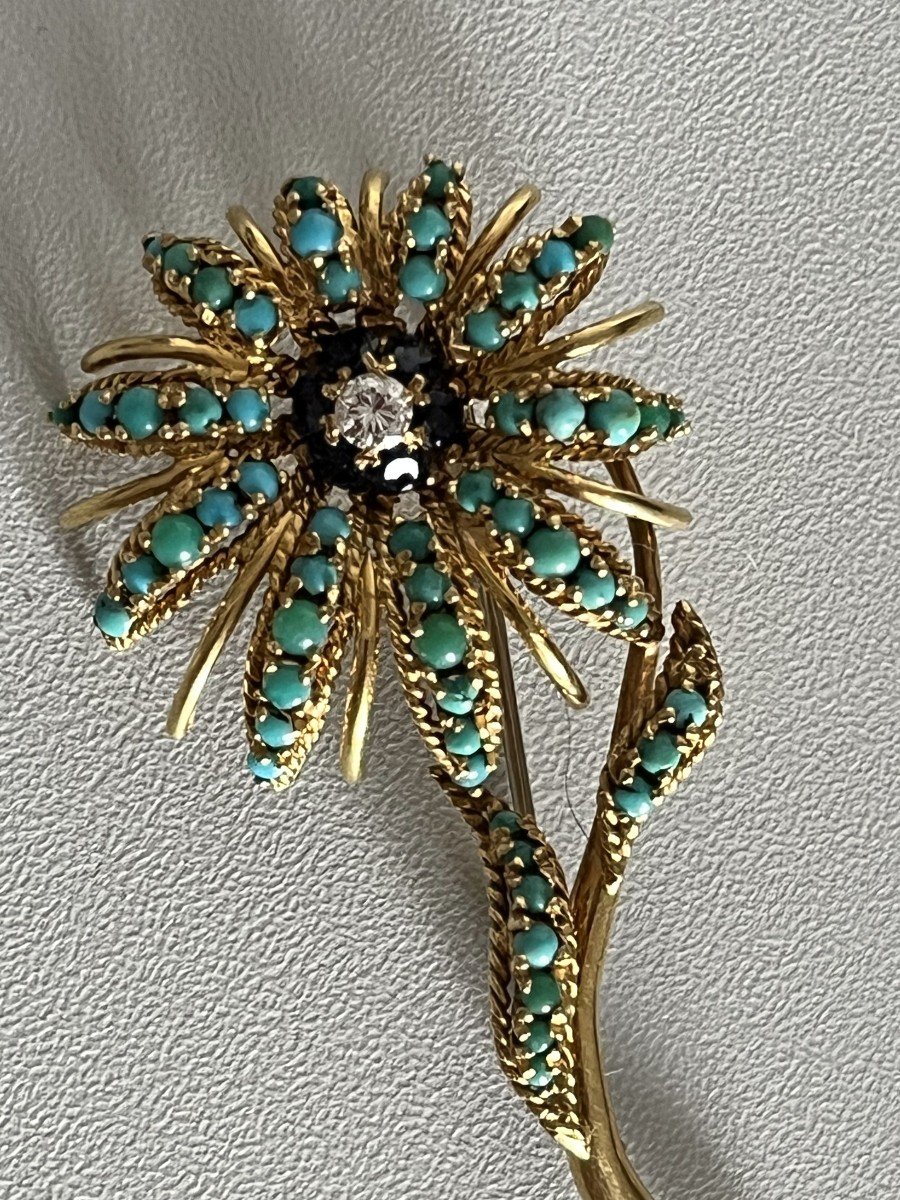 3641- Yellow Gold Flower Brooch Turquoise Sapphires Diamond-photo-4