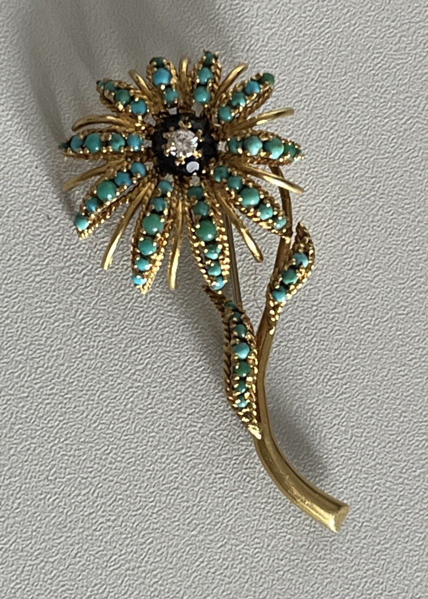 3641- Yellow Gold Flower Brooch Turquoise Sapphires Diamond