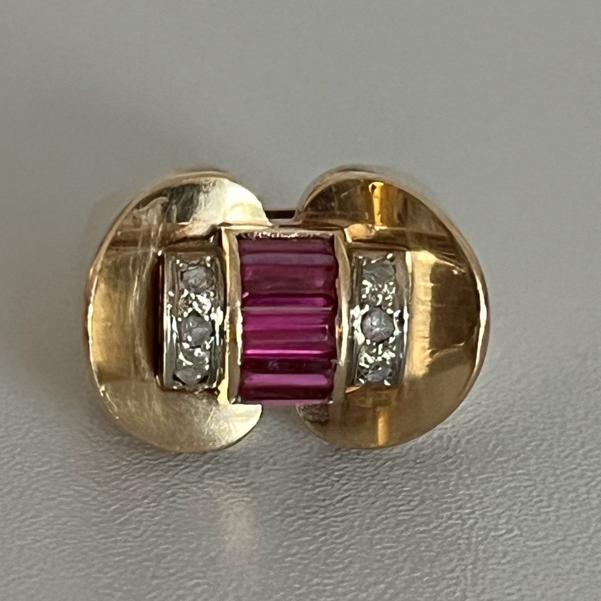 6114- Tank Ring Rose Gold Ruby Verneuil Diamonds