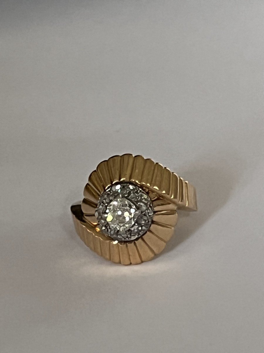 6126- Bague Or Jaune Godronné Diamants (0,50 Ct Au Centre)-photo-1