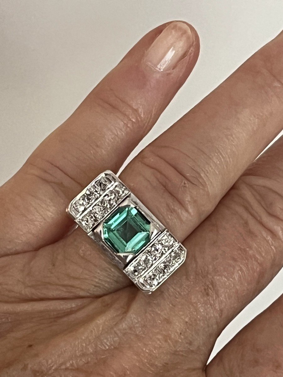 6142- Tank Ring Platinum Emerald Diamonds-photo-2