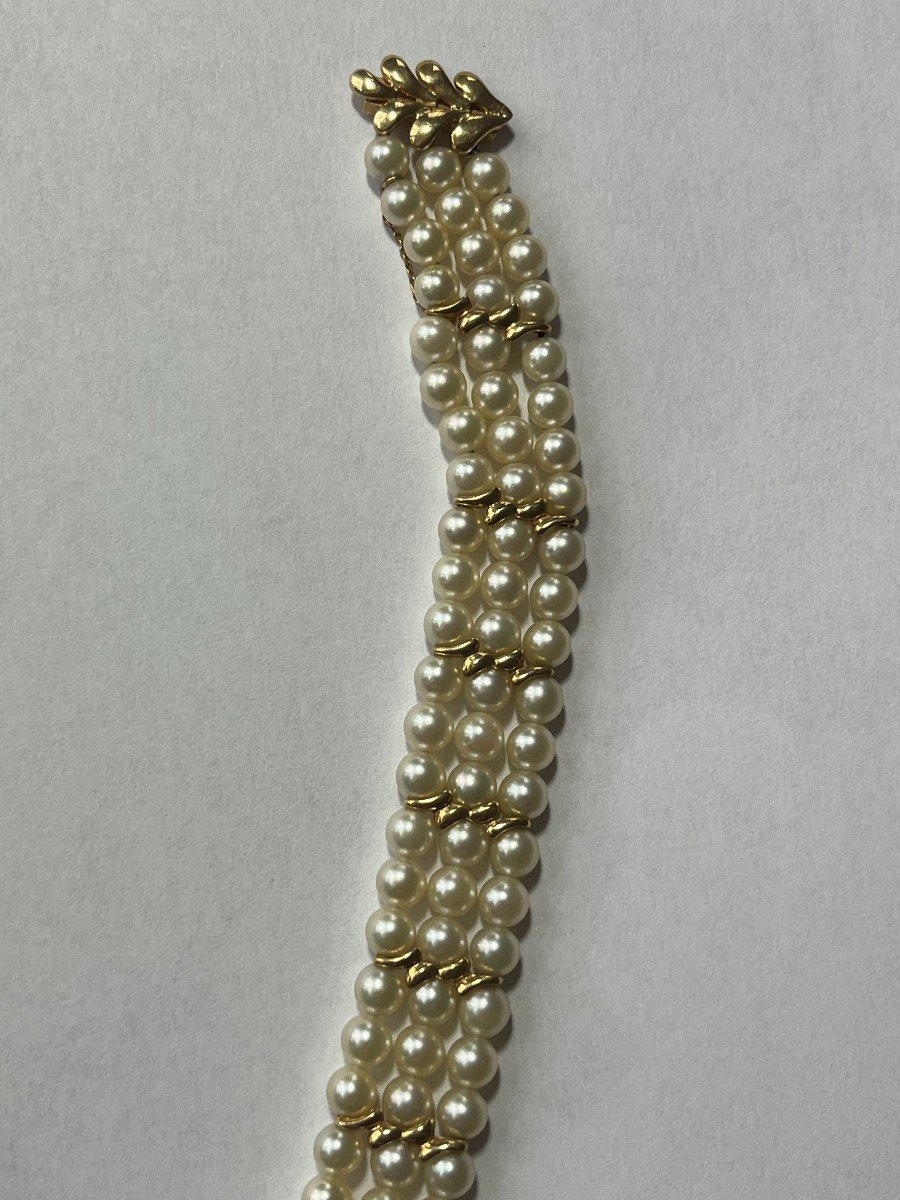 6076- Bracelet 3 Rangs Perles Barrettes Or Jaune 8,00 G-photo-2