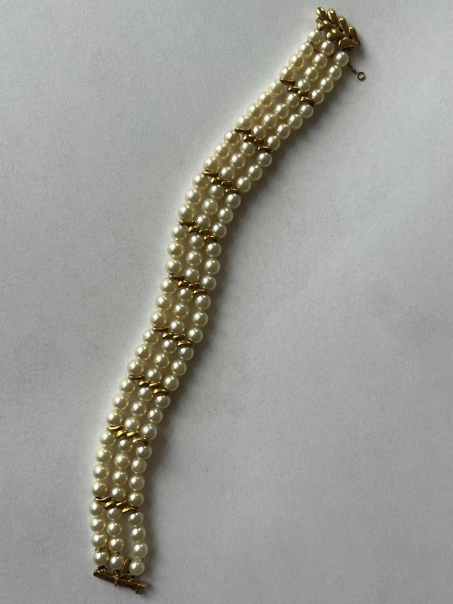 6076- Bracelet 3 Rangs Perles Barrettes Or Jaune 8,00 G-photo-2