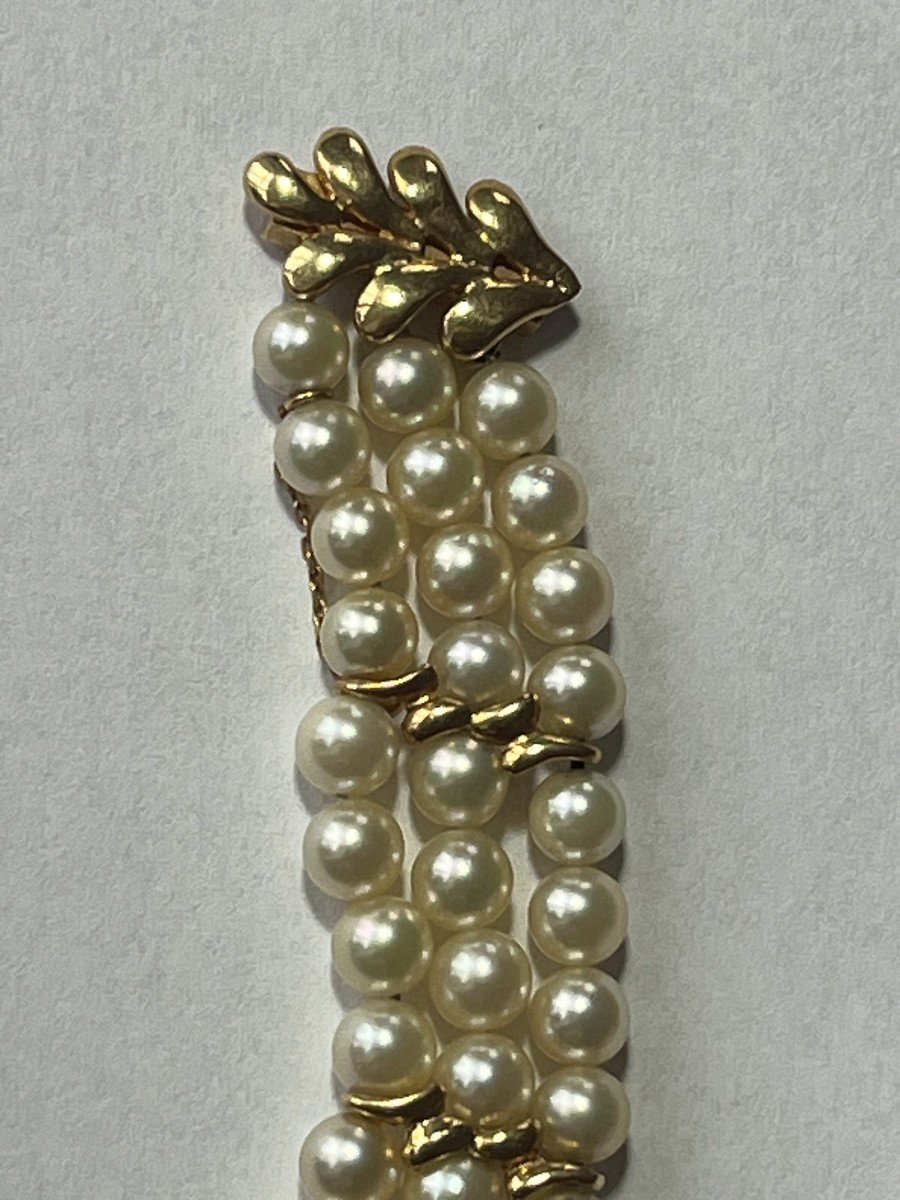 6076- Bracelet 3 Rangs Perles Barrettes Or Jaune 8,00 G