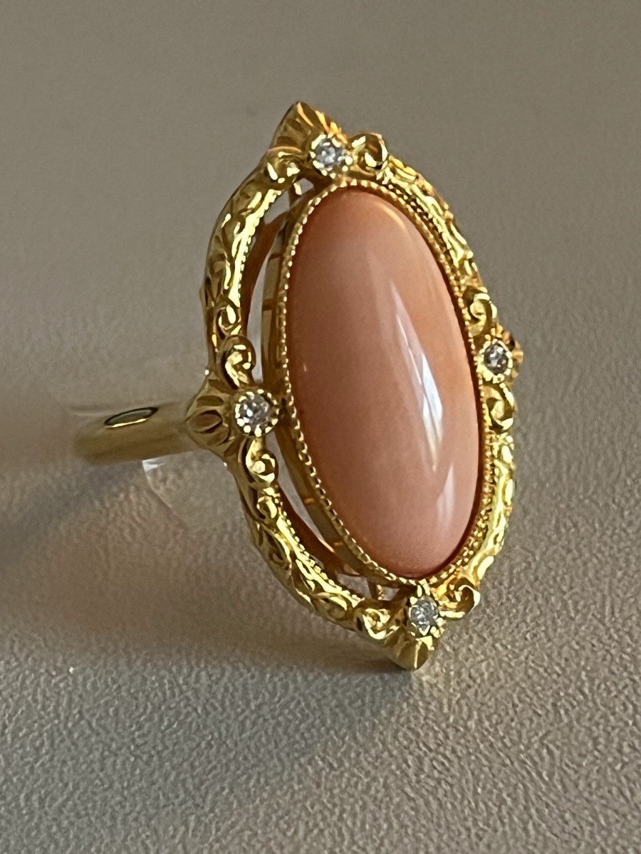 6096- Yellow Gold Coral Diamond Ring-photo-4