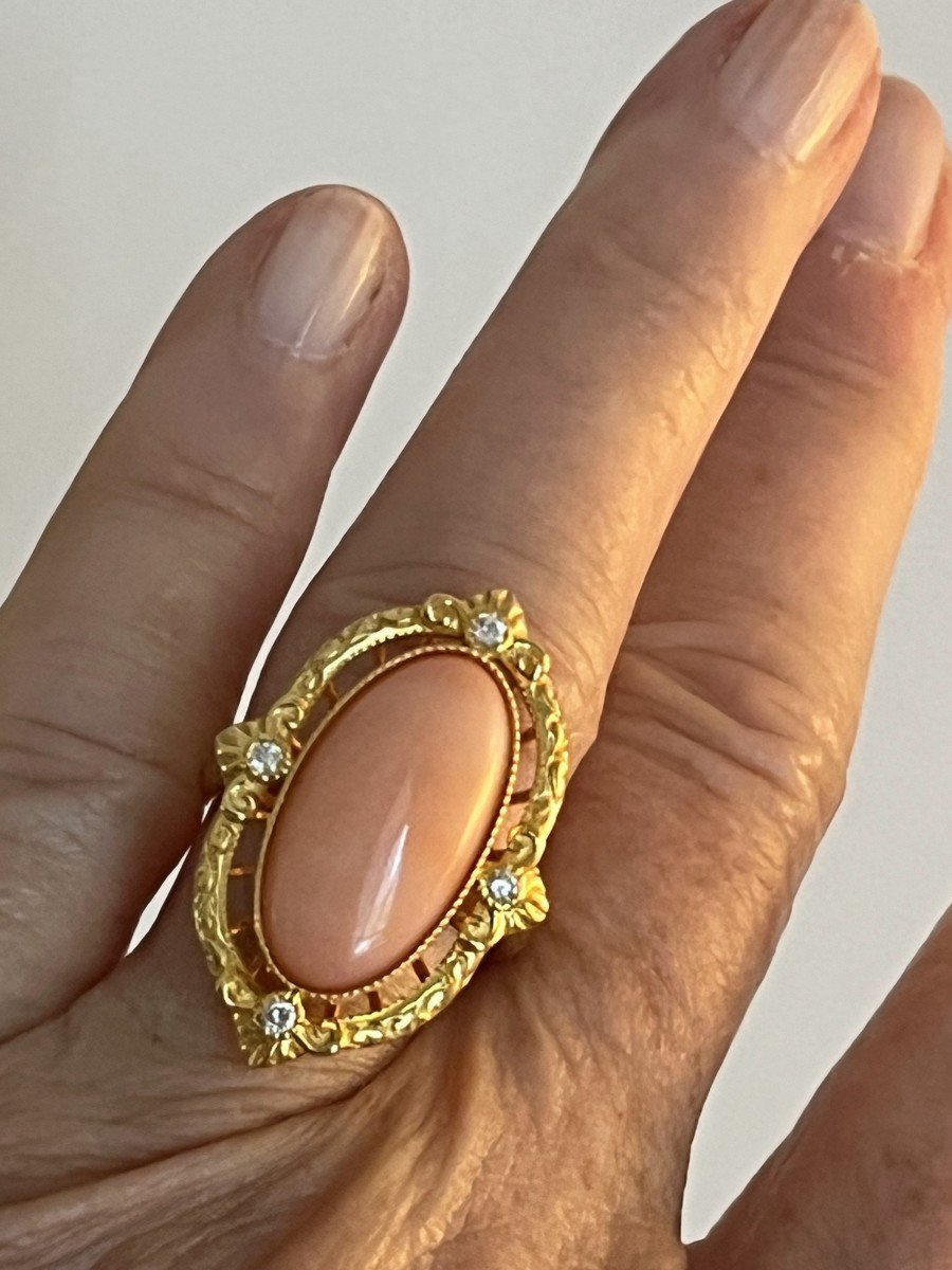 6096- Yellow Gold Coral Diamond Ring-photo-2