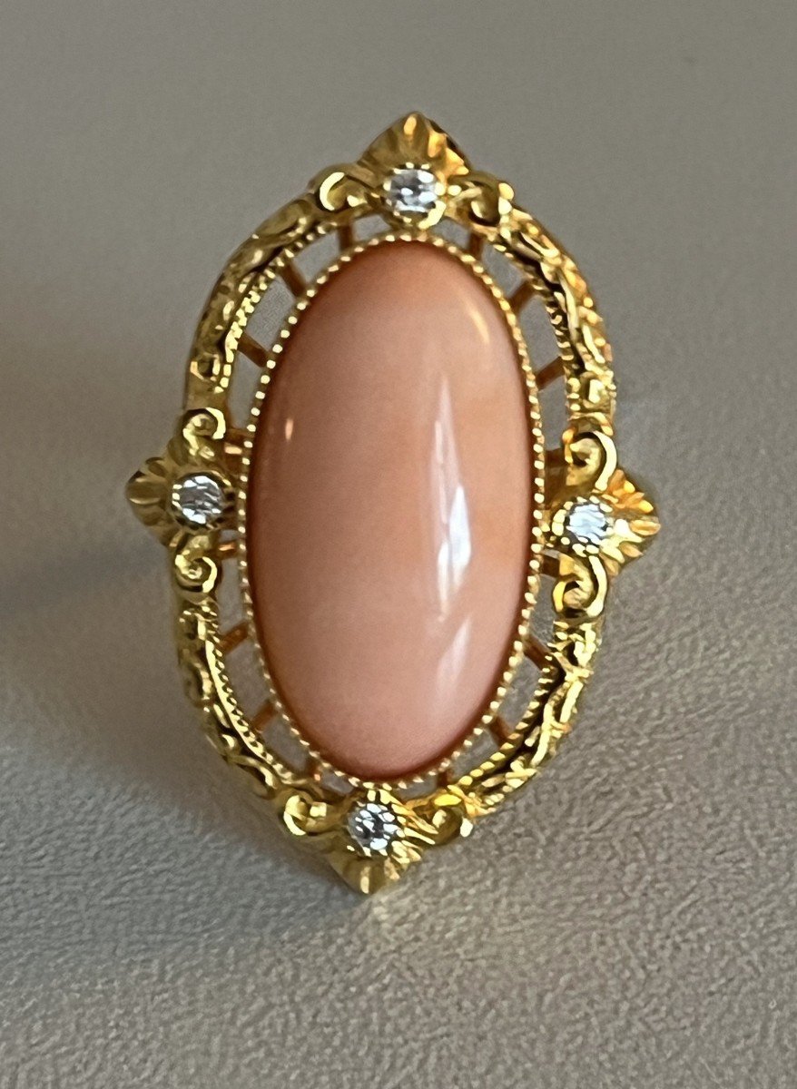 6096- Yellow Gold Coral Diamond Ring